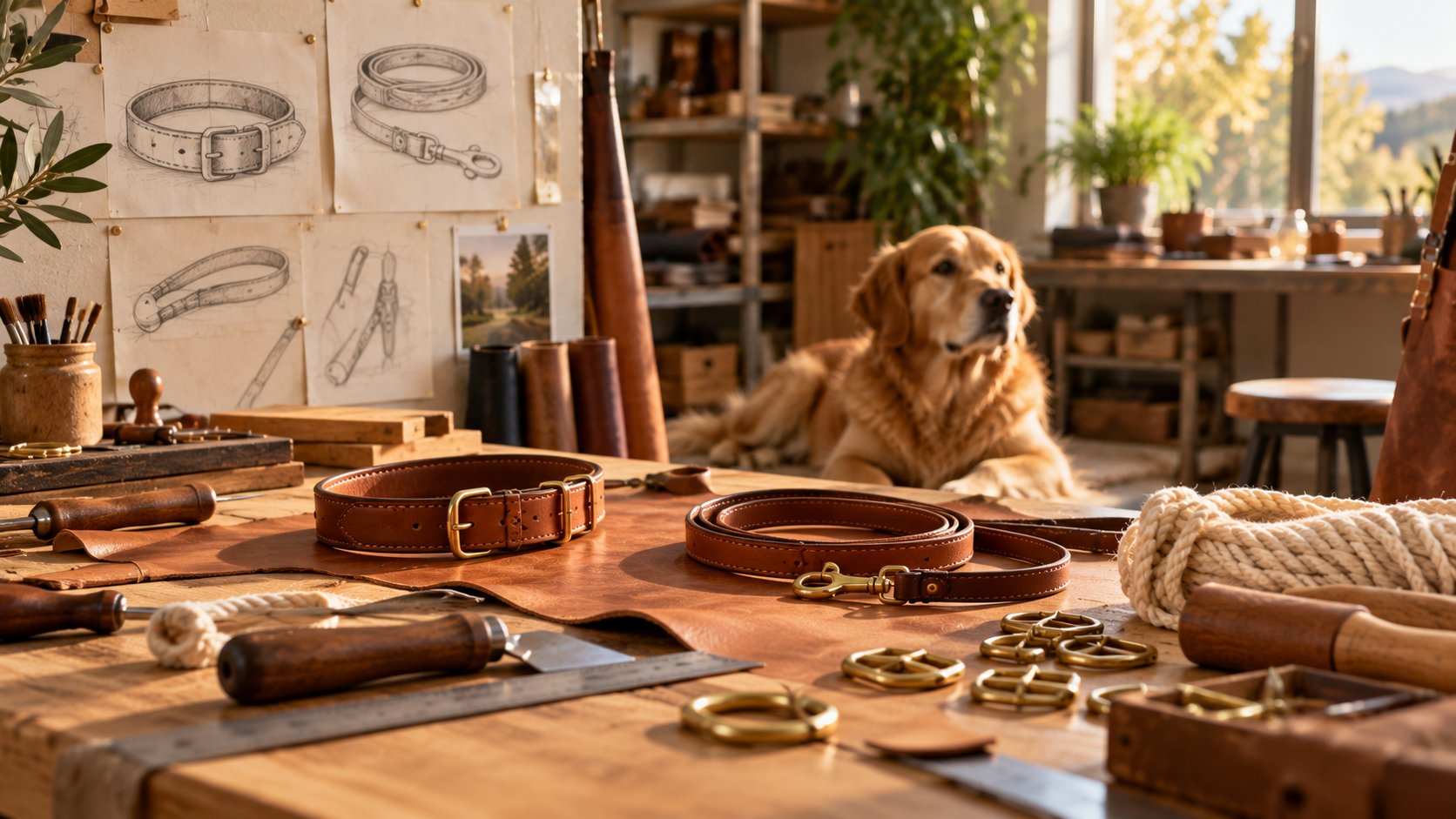Atelier de la maison ZIVIX : colliers et laisses en cuir en cours de création